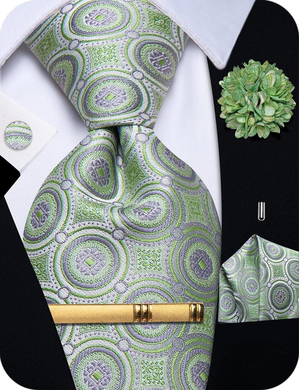 3579 Sage Green Tie Set Silk Ties and Pocket Square Business Formal Wedding